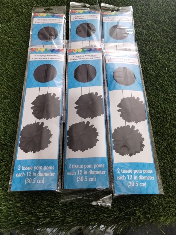 12 Pack. Celebration Tissue Pom Pom Hangers 12 Inch , Black Milestone Birthday