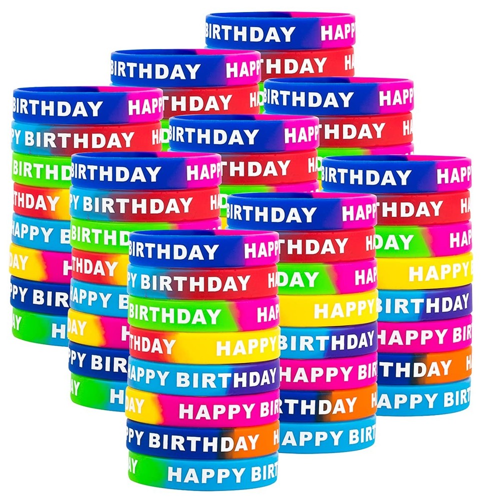 72pcs Happy Birthday Rubber Bracelets, Colored Silicone Stretch Wristbands fo…