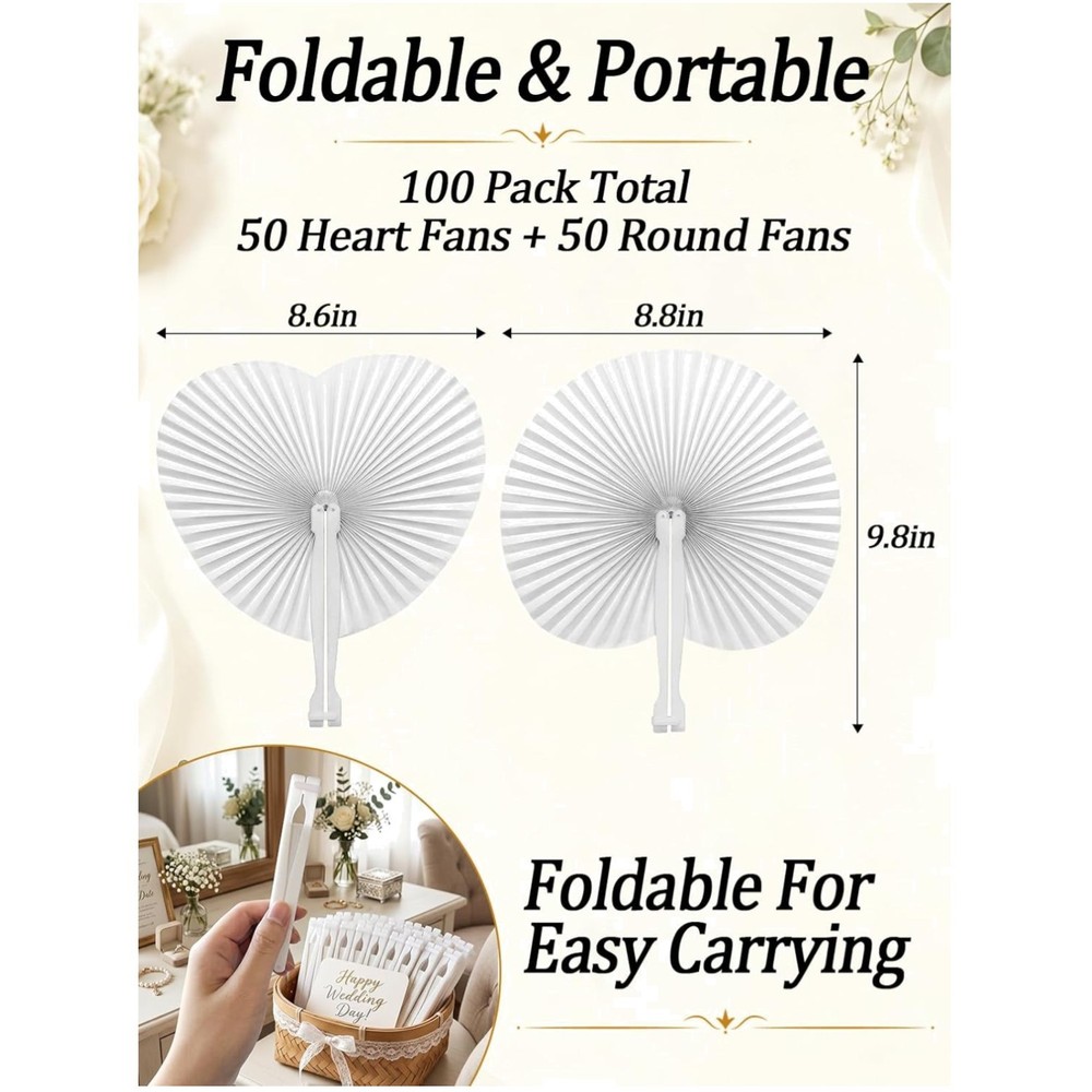 White Folding Fans – Heart & Round Shaped, 100 Pack