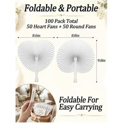 White Folding Fans – Heart & Round Shaped, 100 Pack