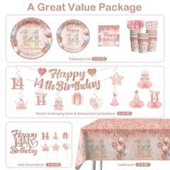 Yingoto 193pcs 14th Birthday Decorations for Girls Complete Tableware Set, 14