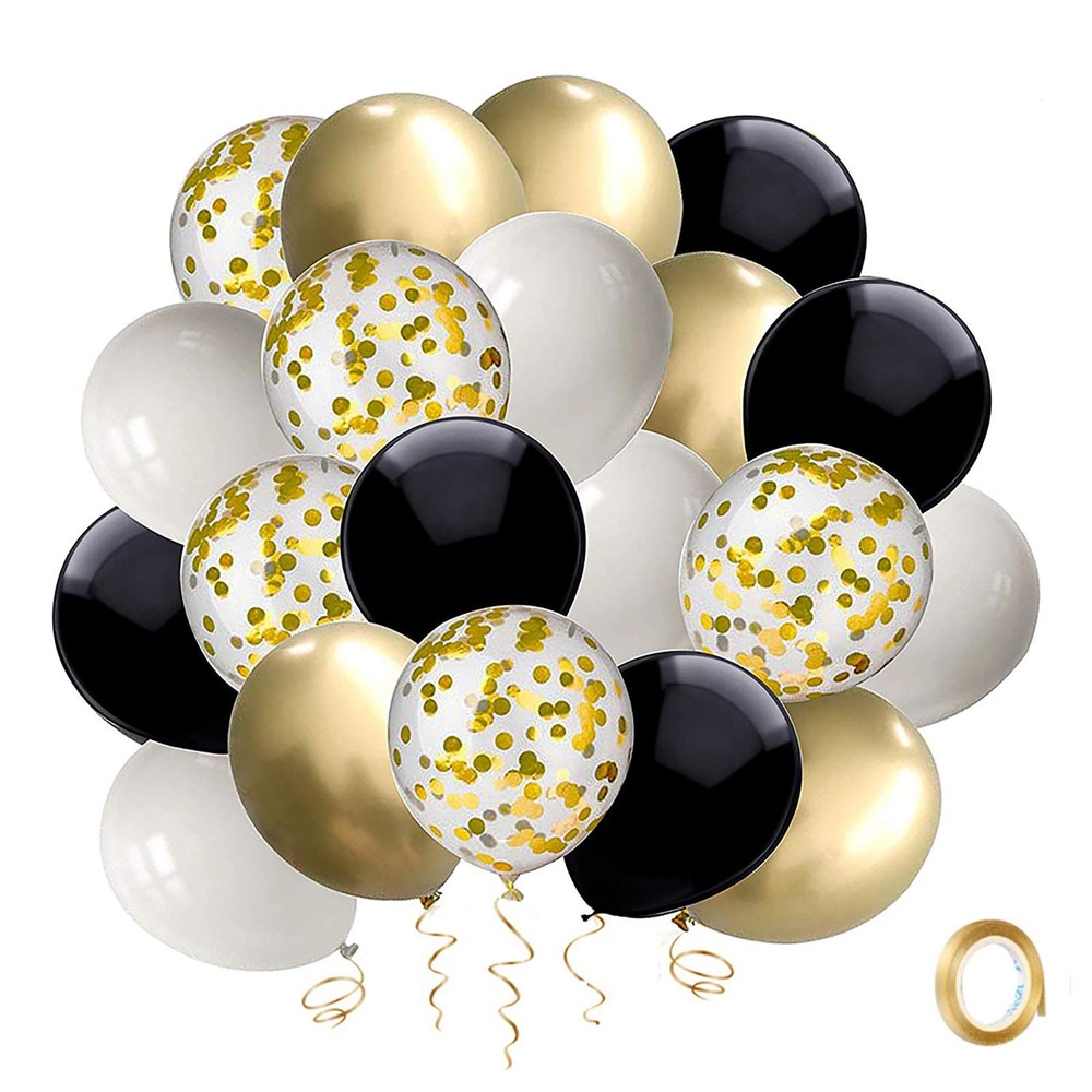 Black and Gold Confetti Balloons, 50 Pack 12inch White Latex Party Balloon Se…