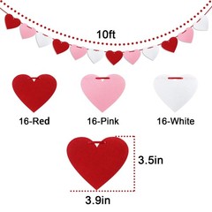 Felt Heart Garland Banner, Pre-Strung | 4 Count (Pack of 1), Red, Pink, White