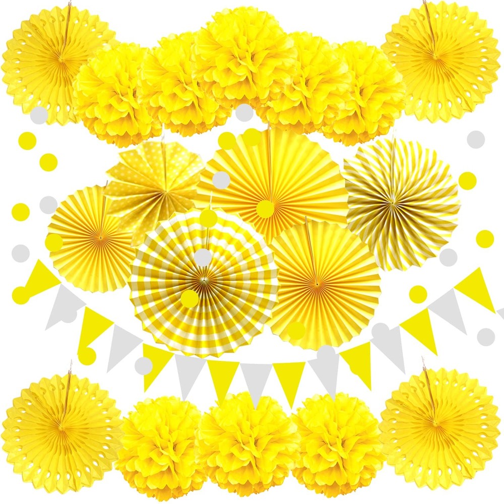 Party Decoration, 21 Pcs Yellow Hanging Paper Fans Pom Poms Flowers, Garlands…