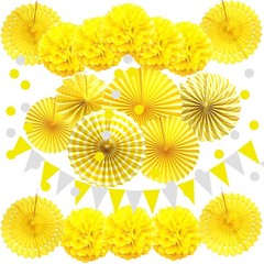 Party Decoration, 21 Pcs Yellow Hanging Paper Fans Pom Poms Flowers, Garlands…