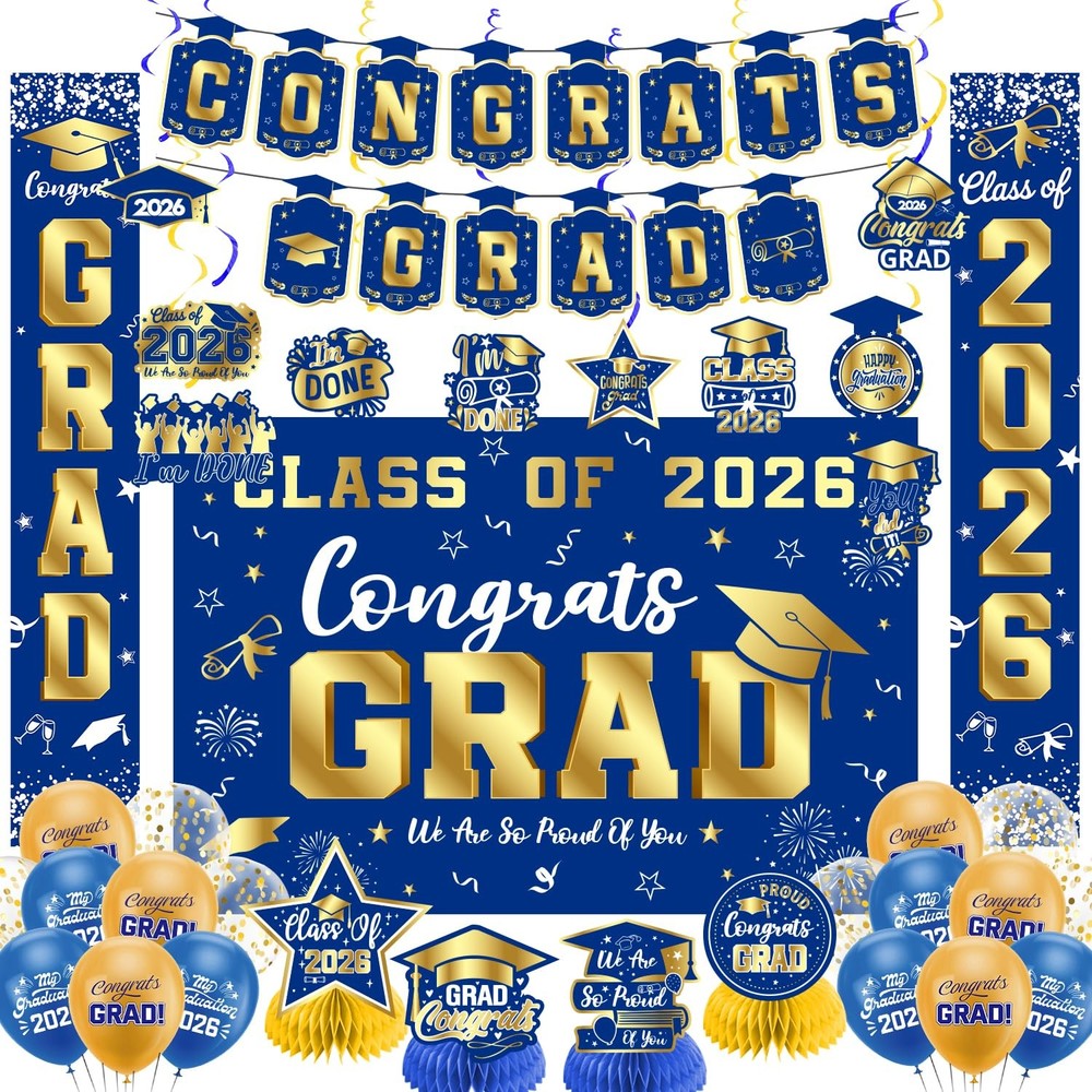 Graduation Decorations 2026 Blue and Gold Set, Congrats Grad Decor Set with B…