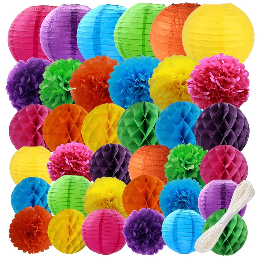Colorful Decoration Set – 36 Pcs Lanterns, Pompoms, Honeycomb Decorations for…
