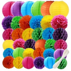 Colorful Decoration Set – 36 Pcs Lanterns, Pompoms, Honeycomb Decorations for…
