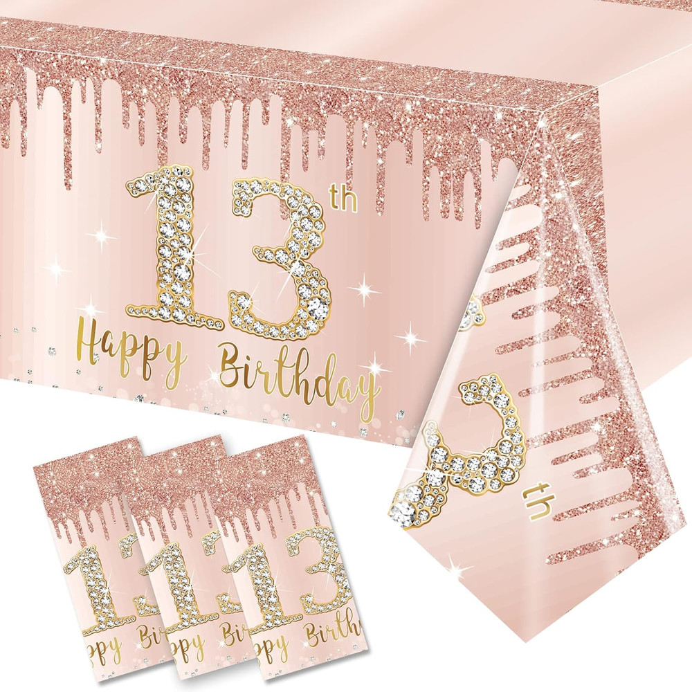 3 Pack 13Th Birthday Tablecloth Decorations for Girls, Pink Rose Gold Happy 13 B