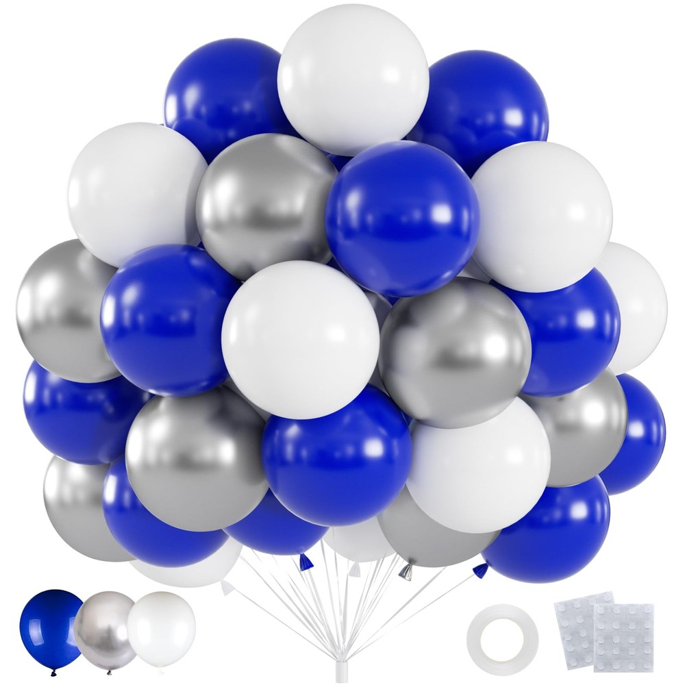 60pcs Blue and Silver Balloons, 12inch Royal Blue White Metallic Silver Party…