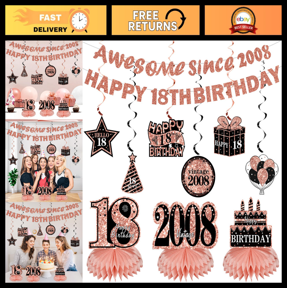11Pcs Rose Gold 18th Birthday Decorations Kit – Happy 18th Banner, Centerpieces