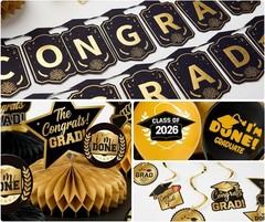 Graduation Party Decorations 2026–Black Gold Grad Banner, Class of Backdrop, Bal