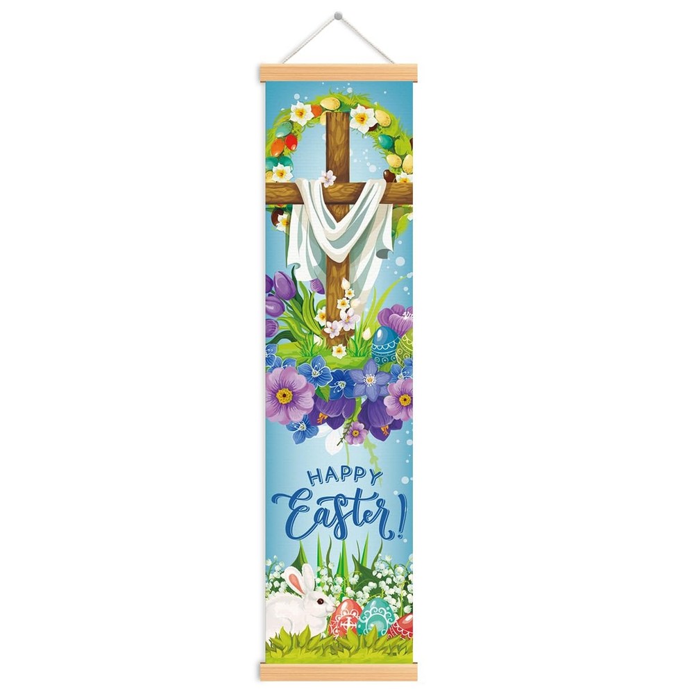 Happy Easter Door Banners, Religious Jesus Christian Cross Front Porch Banner…