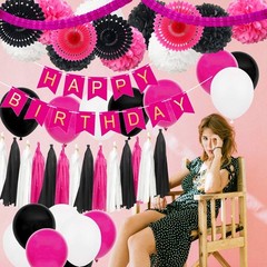 45pcs Hot Pink Black Party Decorations Kit Baby Girl Shower Rose Red Happy Ba…