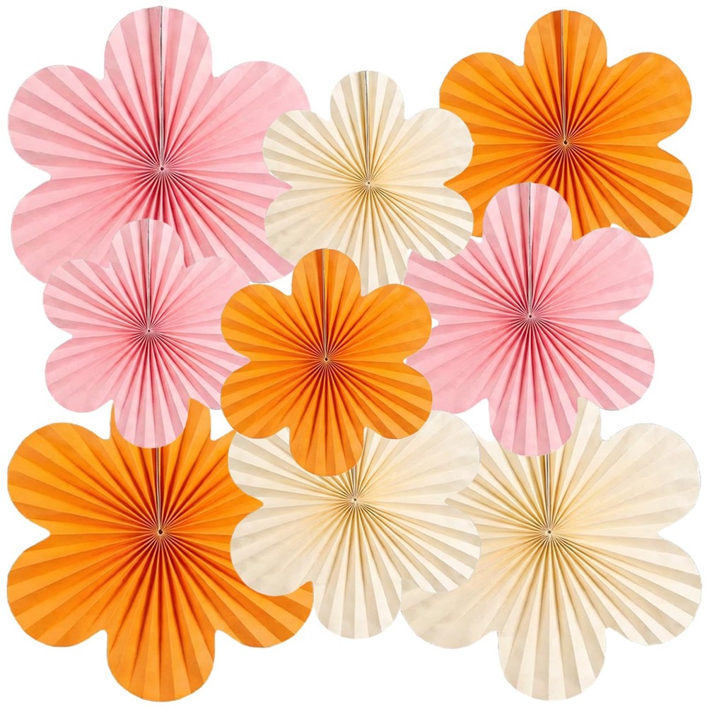 9 PCS Paper Flowers Wall Decorations Pink Orange Floral Backdrop Party