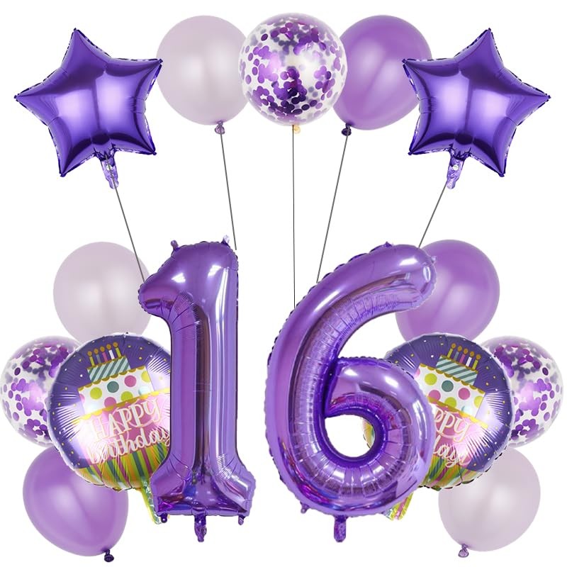 16th Birthday Decorations Party Supplies,15 Pcs 40inch Number 16 Purple Ballo…