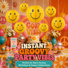 Yellow Smile Happy Face Paper Lanterns 6 Pc 8-16 In Retro Party Hanging Decor