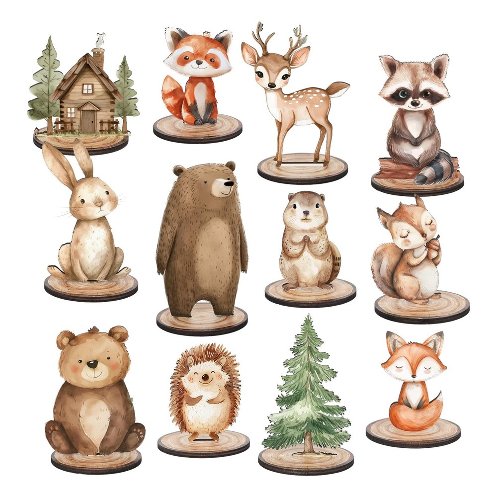 12Pcs Woodland Animal Table Centerpiece Sign, Wood, Detachable