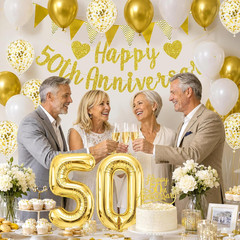 White Gold 50Th Anniversary Decor Set，Gold Glitter Happy 50Th Anniversary Banner