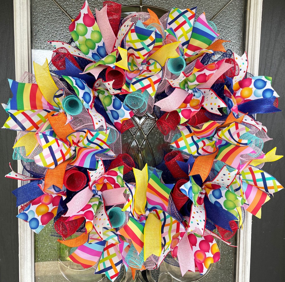 Birthday Balloon & Dot Party Front Door Deco Mesh Wreath Festive Bright Cheerful