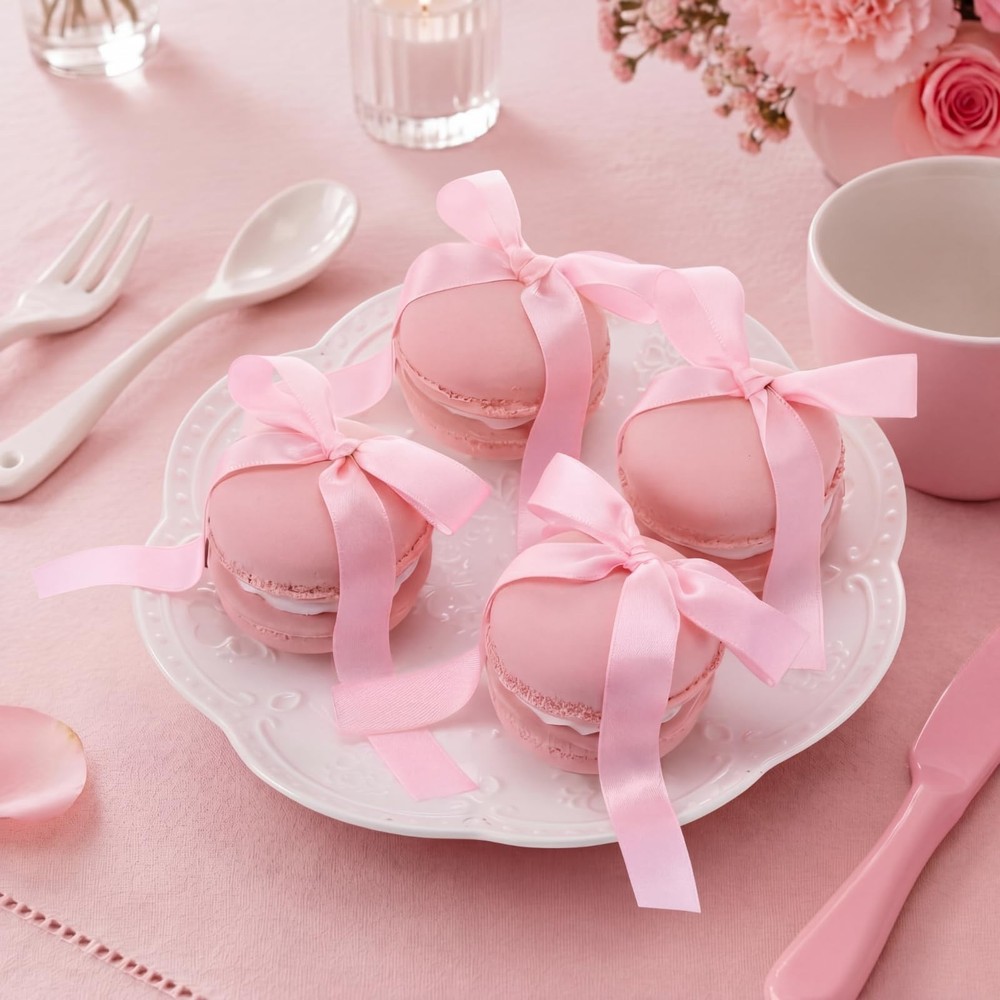 Chumia 4 Pcs Pink Bow Artificial Macarons with Satin Ribbon Bow, Fake Macaron…