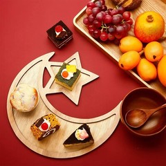 2 Set Ramadan and Eid Wooden Moon and Star Tray Tableware Decoration