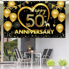 Happy 50Th Anniversary Backdrop, Black Gold Golden Anniversary Decorations, 50Th