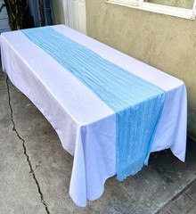 Lot of White Table Sheets (8), Blue Runners (12), Blue Pacifier Necklaces (17)