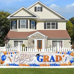 Congrats Grad Banner Decoration-Class 118 inches x 24 inches, Orange and Blue