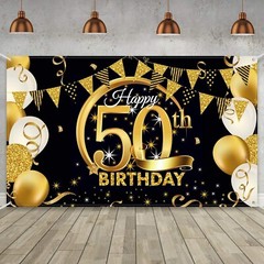 Extra Large Black Gold 50th Birthday Party Decoration Banner – 72.8 x 43.3 Inch