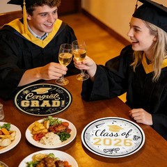 48 Pcs Graduation Plates 7 Inch, Disposable Black & White Gold Grad Paper Pla…