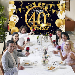 40th Birthday Backdrop Black Gold Fabric Party Banner 72.8×43.3 Photo Booth Sign