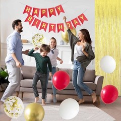 Red and Gold Happy Party Decorations with Banner Balloons Pom Poms Foil Fring…