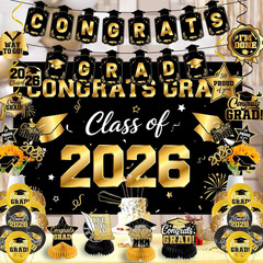 50Pcs Class of 2026 Graduation Decorations Set, Black Gold Graduation Party Kit