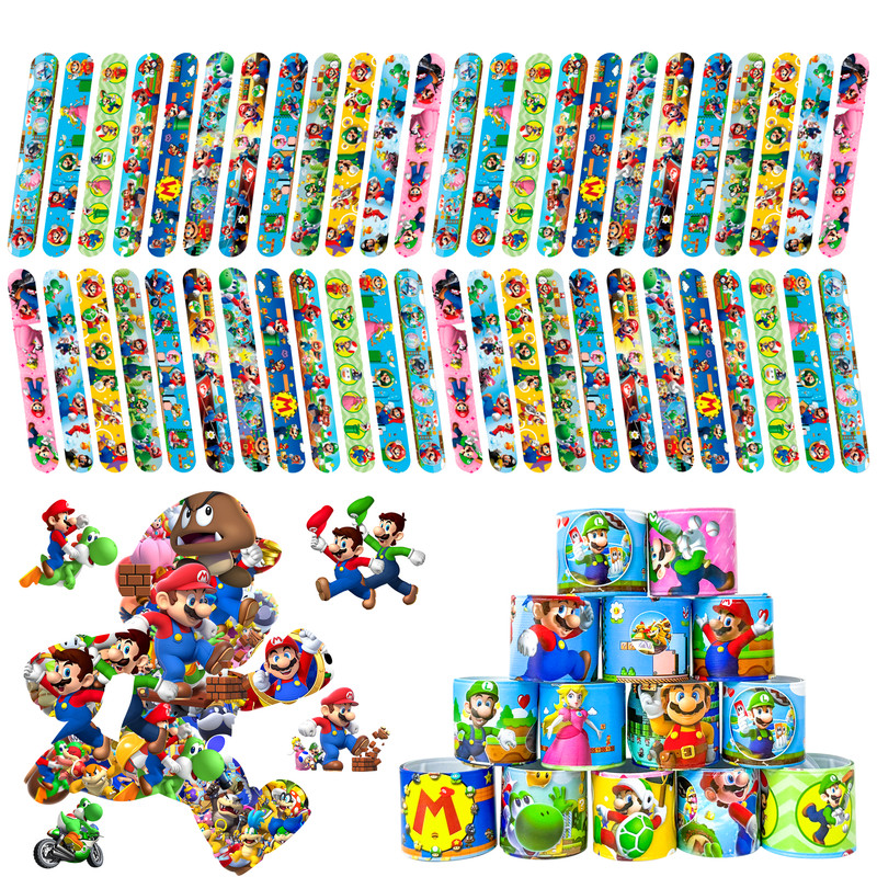 90 Pcs Super Mario Party Favors Party Bags Filler Slap Bracelets Stickers Set
