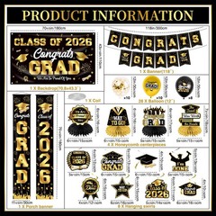 Graduation Decorations 2026 Black and Gold Party Decor Set include Congrats G…