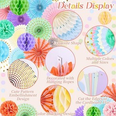 20 PCS Pastel Party Decorations Macaron Rainbow Hanging Paper Fans Honeycomb