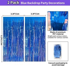 Blue Streamers Party Decorations 3.3×8.2ft, 2 Pack Dark Blue Tinsel Backdrop …