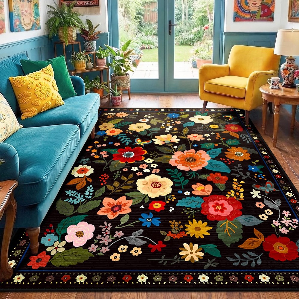 Floral Nursery 5×7 Area Rugs Washable Print Boho Cute Carpet Non Slip Flower …