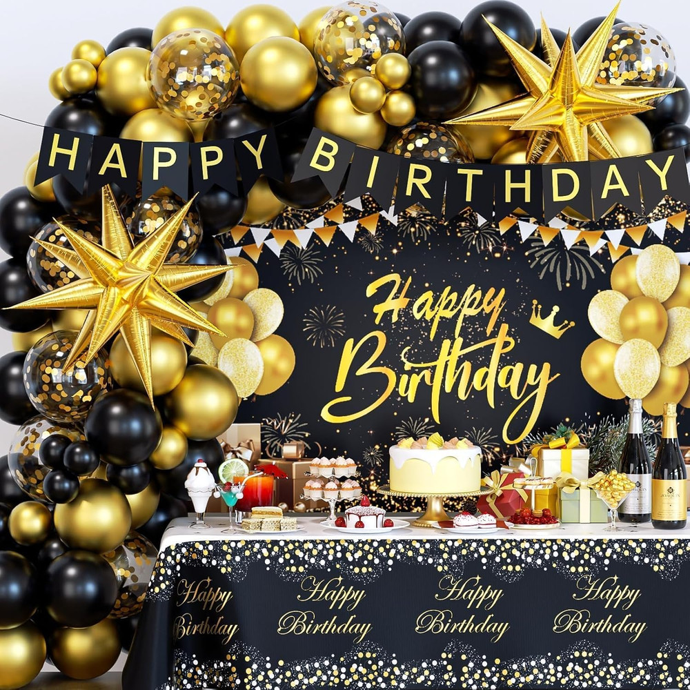 Black and Gold Birthday Decorations for Men Women, 71Pcs Black and Gold Party De