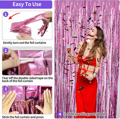 Pink Backdrop Birthday Party Decorations 3.3X8.2Ft, 2 Pack Tinsel Foil Fringe