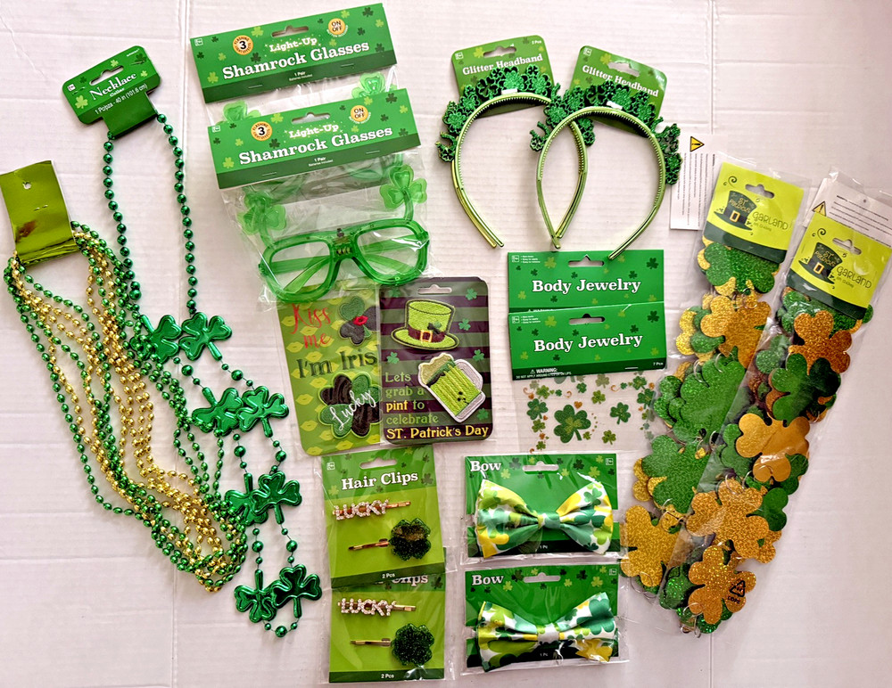 St Patricks Day Lot Glasses Necklaces Headbands Hair Clips Bows Patches Garland