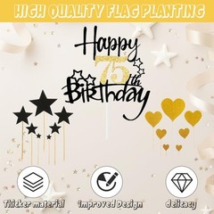 Happy 75th Birthday Party Cake TopperBlack Gold Glitter Party Cupcake Toppers…