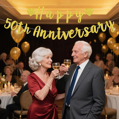 2Pcs Happy 50Th Anniversary Banner, Pre-Strung Glitter Gold 50Th Wedding Anniver