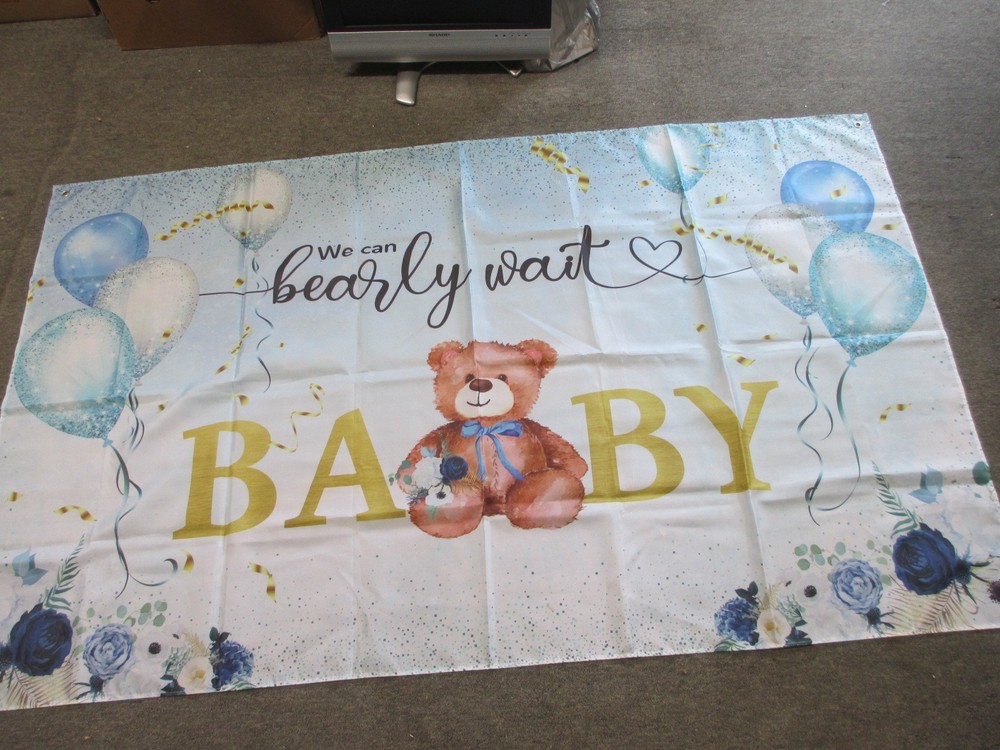 LARGE Blue Bear Baby Shower Backdrop 70in x 43in «We Can Bearly Wait» Banner