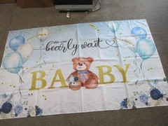 LARGE Blue Bear Baby Shower Backdrop 70in x 43in «We Can Bearly Wait» Banner