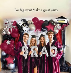 130 Pcs Maroon Black Silver Balloon Arch Kit with GRAD Letters & Graduation C…