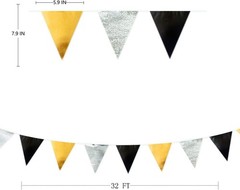 Black Gold Silver Party Decoration Triangle Pennant Banner Flag Metallic Fabr…