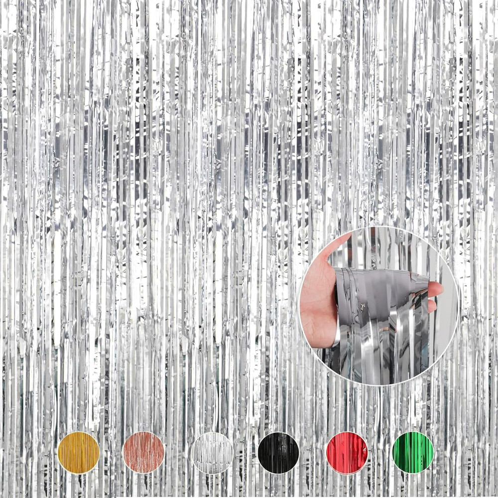 4 Packs Silver Foil Fringe Curtains Metallic Tinsel Shimmer Curtain Photo Booth