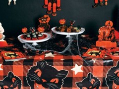 Vintage Halloween Fabric Tablecover Black Cats Stars Orange Party Tablecloth New